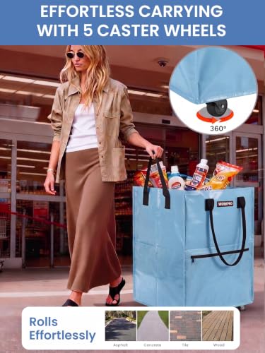 WORKPRO Large Rolling Grocery Bag, 36-Gallon Rolling Tote with 5 Wheels - color: Dusty Blue, size: Large
