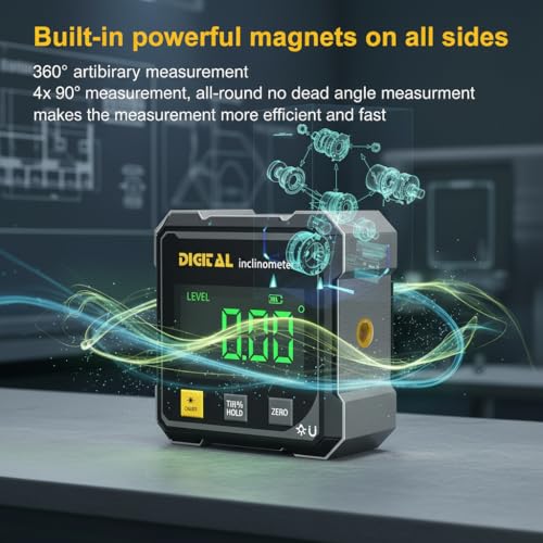 Digital Angle Finder,4 sided magnetic digital angle gauge, USB Rechargeable & Large LED Display for Woodworking, Construction (Black)