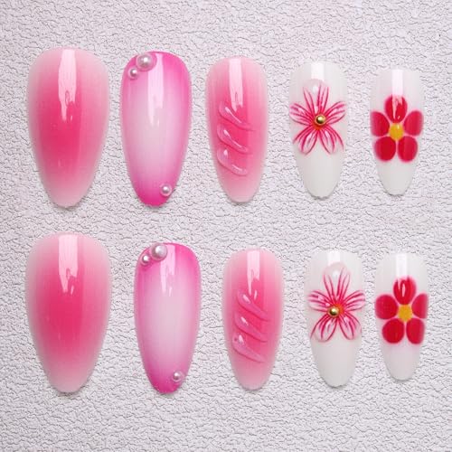 Press on Nails Almond - Medium French Tip Fake Nails with Embossed Designs, Glossy Finish Reusable False Nails with Glue Tabs - 24Pcs Nail Kit for Women Manicure (3D Embossed design 17) - color: 3D Embossed design 17
