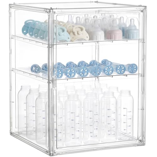HBlife Baby Bottle Storage Organizer for Countertop Cabinet, 3 Tiers Adjustable Clear Acrylic Bottles Storage Station Case Box Container with 2 Removable Dividers and Magnetic Door, XXL - size: XXLarge, style: 3-Tier Single Door