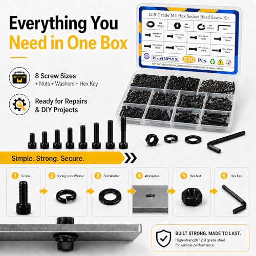 520PCS M4 Screws Assortment Kit, M4x6/8/10/12/16/20/25/30mm Hex Socket Head Cap Bolts, Nuts & Washers Set, 12.9 Grade Alloy Steel Black Oxide M4 Machine Screws for 3D Printer, DIY - size: M4 520pcs