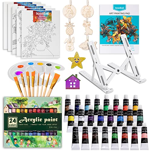 koseibal Kids Acrylic Paint Set with Canvas, Easel, More Art Supplies - color: 24 Acrylic Paints + Canvas & Easel