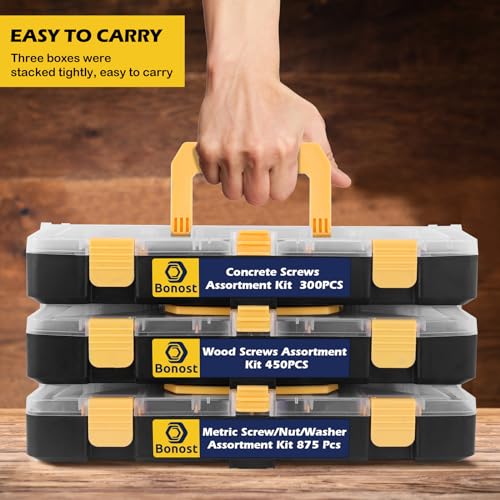1625pcs Concrete Assortment Kit with Assorted Nuts Bolts and Wood Screws | Carbon Steel Screw Hardware Assortment Kit with 3 Trays for Household Repairs and Hobby Projects - size: 1625pcs