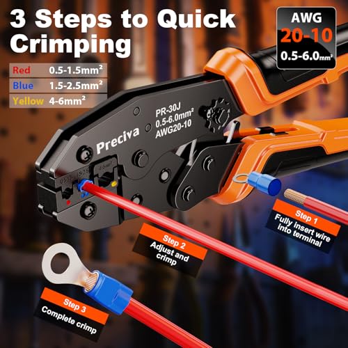 Preciva Crimping Tool for Insulated Terminals Wire Connectors, AWG20-10 Ratchet Crimper with Automatic Wire Stripper and 380 Pcs Insulated Terminals Connectors