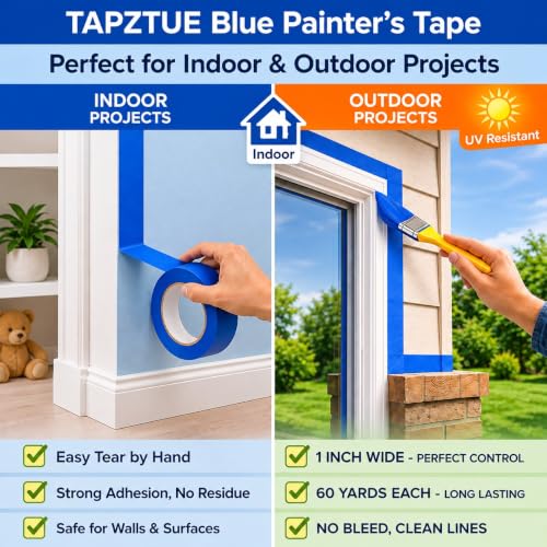 Blue Painters Tape 1 Inch Wide, 2 Rolls x 60 Yds Blue Masking Tape - size: 2 Rolls Blue Painters Tape 1 Inch x 60 Yards Each