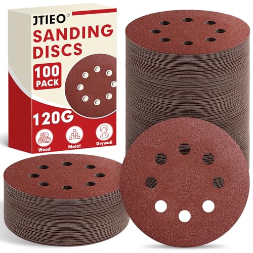 JTIEO 100PCS Sanding Discs 5 Inch, 120 Grit Orbital Sander Pads, Hook & Loop Sandpaper Pads, 8 Hole Round Sanding Discs for Random Orbital Sanders - style: 120Grit-100pcs