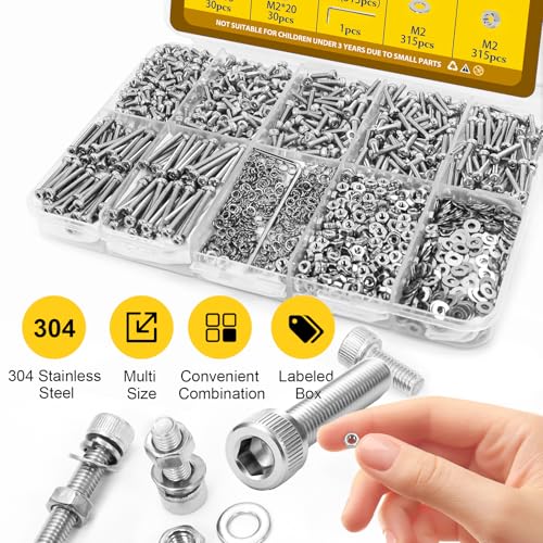 1260PCS M2 Socket Head Screws Assortment Kit, M2x4/6/8/10/12/16/20 mm - size: SS M2 1260pcs