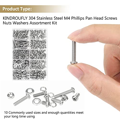 382 Pieces M4 x 5/6 /8/10 /12/16 /20mm Phillips Pan Head Machine Screws Nuts Washers Assortment Kit, 304 Stainless Steel, Fully Machine Thread - size: M4