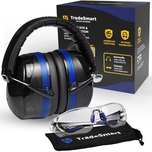 TradeSmart Shooting Ear Protection for Gun Range, NRR 28 Earmuffs & Eyewear - color: Clear Glasses - Blue