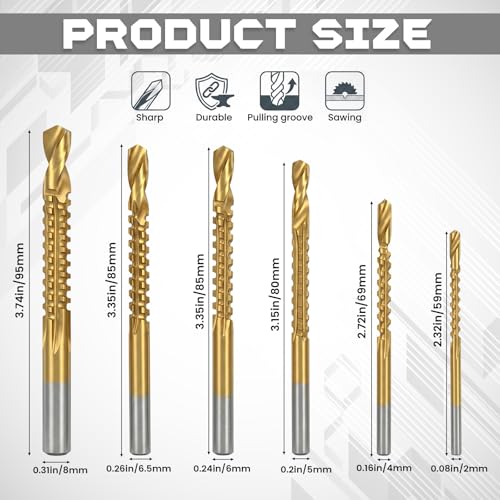 JJUNW 6 Pack Titanium Coated HSS Twist Drill Bits, 3-8mm Serrated Side Cutting Drill Bit, Hex Shank Serrated Cutting Drill Bits, Woodworking Tools for Wood Metal Plastic Hole