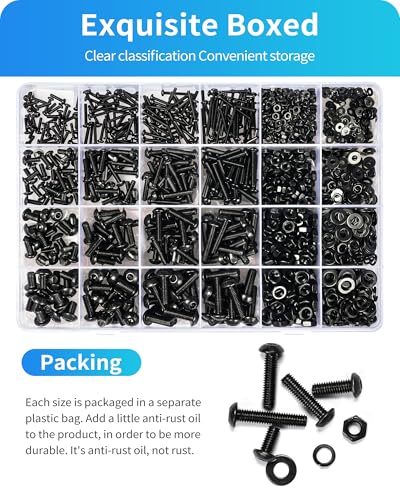 1800PCS Metric Screw Assortment, Metric Bolt Assortment Kit M2 M3 M4 M5 Machine Screws with Lock & Flat Washers, Grade 10.9 Alloy Steel Hex Socket Button Head Black Screws Nuts and Bolts Kit (Black) - size: M2M3M4M5 1800PCS (Black)