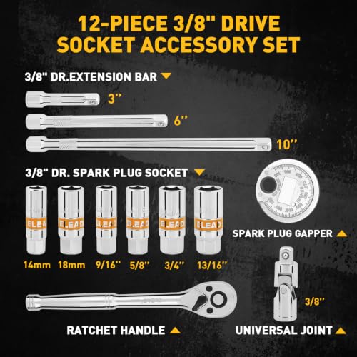 12-Piece 3/8" Drive Spark Plug Socket Set with Ratchet Handle, Universal Joint, Spark Plug Gapper & Extension Bar, 9/16", 5/8", 3/4", 13/16", 14mm, 18mm, CR-V Sockets with Rubber Holding Rings - size: 12-Piece Spark Plug Socket Set