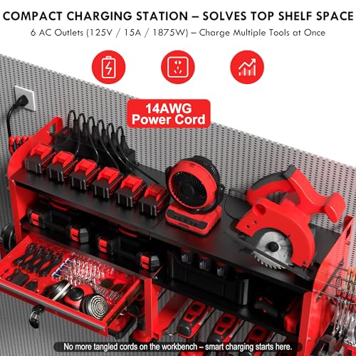 KSVO Power Tool Organizer Wall Mount, Locking Drawers, Charging Shelf, Red - color: Red