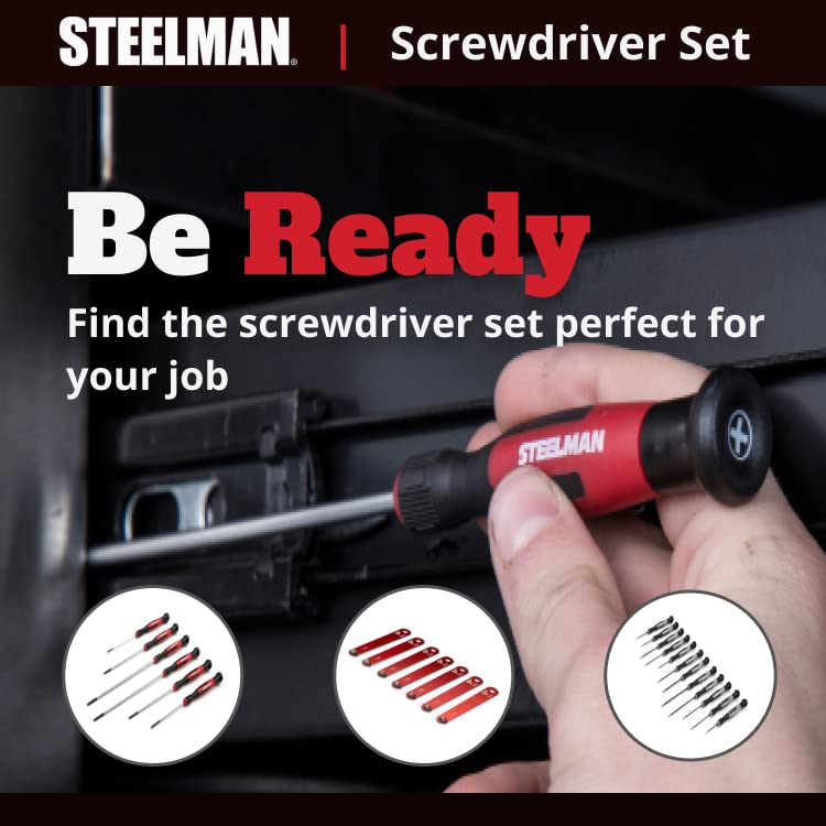 STEELMAN Precision Steel Shaft 6-Piece Electronics Screwdriver Set, Variety of Slotted/Phillips Sizes, Swivel-Head, Storage Case Included - size: 6-Piece Steel