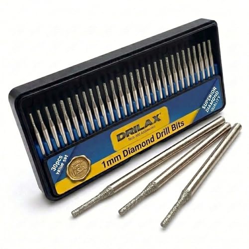 Drilax 30-Piece 1mm Diamond Drill Bits Set – 1/8 Shank Compatible with Dremel Rotary Tools – Precision Diamond Dremel Bits for Jewelry Making, Stone, Glass, Ceramic, Sea Glass, & Gemstones - size: 1mm