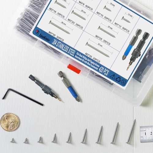 420PCS Flat Head Phillips Wood Screws Assortment Kit, 304 Stainless Steel Self-Tapping Screw with Adjustable Wood Countersink (SS304 M3) - size: SS304 M3