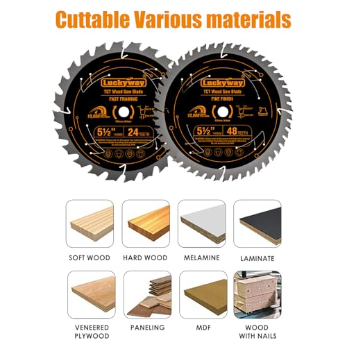 Luckyway 5 1/2 Inch Circular Saw Blade (10mm Arbor), with Tungsten Carbide Tip Teeth 24T Framing & 48T Fine Finish for Cutting Wood Plywood MDF Plastic Veneer Lumber Laminate