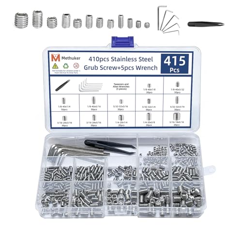415PCS Allen Head Set Screws Assortment Kit, Imperial Hexagon Socket Hex Grub Set Screws, Includes 5 Hex Keys & 1 Tweezer, for Bathroom Fixtures, Furniture, DIY and Repair (1/8"-40 to 5/16"-18)