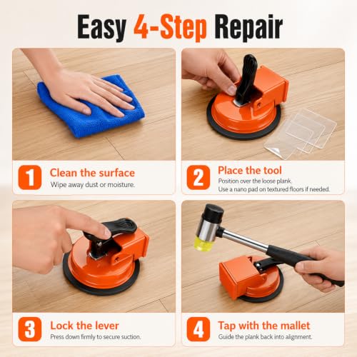 Floor Gap Fixer Tool Kit, Heavy Duty Suction Cup Gap Puller with Rubber Mallet & 5 Reusable Sticky Pads, Fast DIY Laminate & Vinyl Floor Repair Kit to Close Floor Gaps Without Contractor