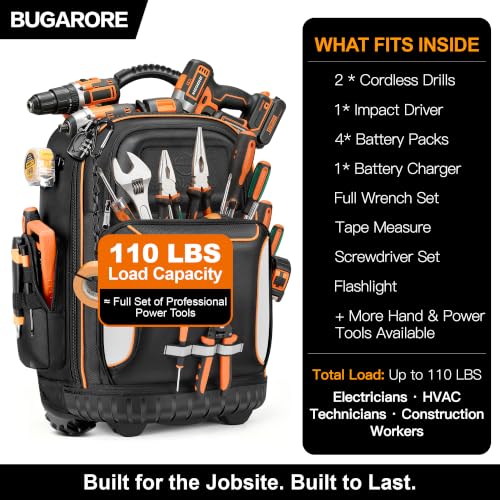 16" Rolling Tool Backpack with Wheels, 75 Pockets Electrician Tool Bag for Construction HVAC, 1680D Waterproof, Molded Base & Combination Lock - color: Black