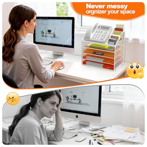 DocNest 5 Tier Metal Mesh Desk File Organizer with Phone Shelf, White - color: White, size: 12.6" x 9.1" x 13.3"