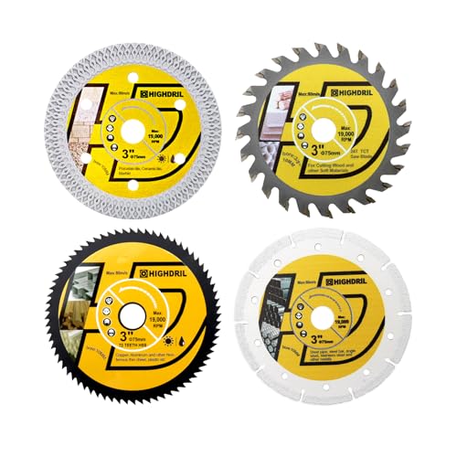 HIGHDRIL 3" 75mm Circular Saw Blade Set 4pcs for Metal Copper Aluminum Tile | Diamond/HSS/TCT Cutting Disc for Angle Grinder Cutting Metal Copper Aluminum Tile Marble Granite Plastic Wood - size: MIX 7