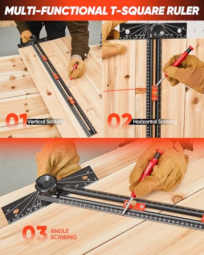 Saker 4-in-1 Scriber Marking Line Ruler, 29.5in Spliceable Extended T Square, Precision Line Drawing & Drilling Positioning Tool, Cabinet Hardware Jig with Angle Adjustment for Woodworking - size: 29.5inch T Square Ruler