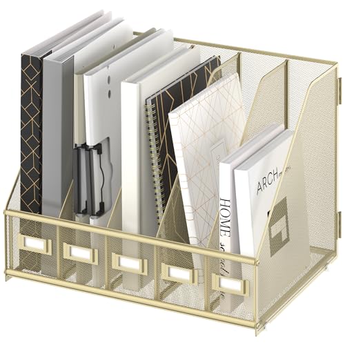 SUPEASY Desk Organizers Metal Desk Magazine File Holder with 5 Vertical Compartments Rack File Organizer for Office Desktop, Classroom, Home Workspace, Golden Yellow - color: Golden Yellow, size: Small
