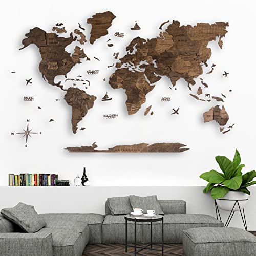 AWESOMETIK WALNUT 3D World Wood Map | 3D Wood Map of the World Easy Installation with Double Sided Tape Includes Add Ons Premium Durable Plywood Ideal for Home and Office Decor M, L, XL