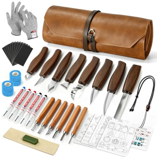 Deluxe Wood Carving Kit,40Pcs Wood Carving Tools with Leather Storage Bag - color: Walnut Brown- 40 Pcs