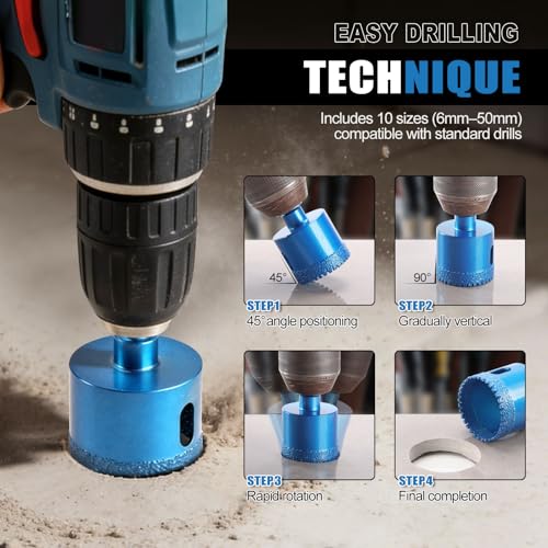 10 PCS Brazed Diamond Tile Hole Saw Set 6-50mm with EVA Guide Jig | for Ceramic Tile, Glass, Granite, Marble, Dry & Wet Cutting, Includes Storage Bag