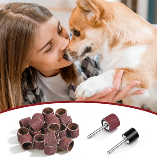 22Pcs Dog Nail Grinder, Sanding Bands and Drums Replacement Kit for Dogs and Cats, Safe Quiet Electric Nail File Grooming Supplies for Smooth Claw Care Polishing (1/2 Inch 120 Grit)