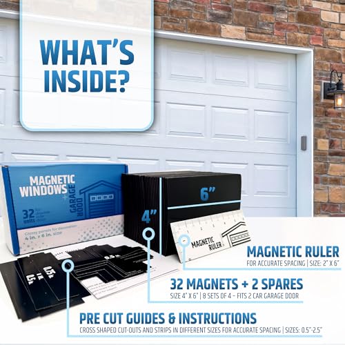Strong & Glossy Magnetic Garage Door Windows - Looks Like Real Window Panels/Faux Panes - Decorative Hardware Kit - Easy to Align & Will Never Fall (Upgraded Magnets) | Fits 2 Car Garage | 32pcs 4"X6 - style: 32pcs Magnetic Windows