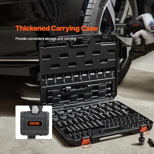 VEVOR Impact Socket Set 3/8" Drive, 90 PCS, CR-MO, SAE 1/4"-3/4" Metric 6-19mm, with Shallow & Deep Sockets, Swivel & E-Torx & Bit socket Sockets, Extension Bars, Adapters, Universal Joint - size: 3/8" 90 PCS CR-MO