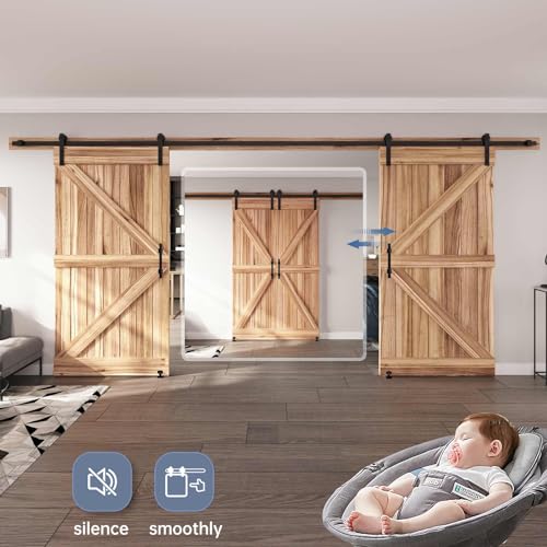 EaseLife 14 FT Double Sliding Barn Door Track and Handle Hardware Kit,Straight Pulley,Slide Smoothly Quietly,Easy Install (14FT Track Kit for 40"~42" Wide Double Door) - size: 14 FT-Double Door Kit