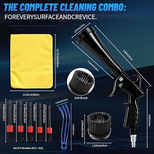 Tornado Air Blow Gun Kit, High Pressure Pneumatic Air Duster for Car Detailing, Metal Nozzle Car Cleaning Gun with Multi-Accessory Cleaning Kit for Interior, Engine and Workshop Cleaning