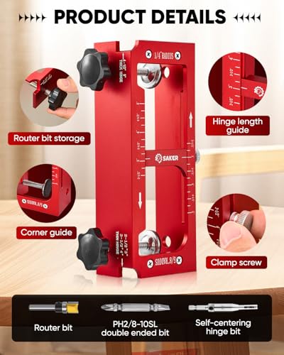 Saker Door Hinge Jig,Adjustable Door Jamb Hinge Jig,Aluminum Alloy Doors Hinges Router Jigs,Fits Door Hinges from 2.5" to 5" Length and Thicknesses,Radius 1/4” or Radius 5/8” - size: Door Hinge Jig