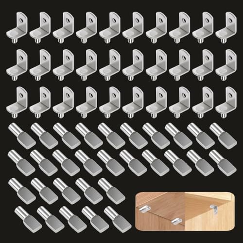60Pcs Cabinet Shelf Pegs, 5mm (1/5 inch) Shelf Support Pegs for Shelves, Shelf Brackets Pins Holders Pegs, Nickel Plated Shelf Clips for Shelving Kitchen Cupboard Bookshelf Furniture Closet Shelf Peg