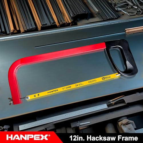 Hanpex 12in. High-Tension Hacksaw Frame with 24 TPI Bi-metal Blade, Hand Saw Suitable for Metal, wood, PVC, Carpentry（Black Handle） - style: Hacksaw with Red Handle