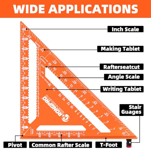 2pcs Rafter Square, 12-inch & 7-inch Carpenter Sqaure Set withWoodworking Pencil, Carpenter Measuring Layout Tool,Aluminum Alloy Triangle Ruler for Woodworking- Imperial - size: 7+12 inch