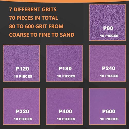 Micro Sand Paper Assortment Pack, 70PCS Wet Dry Sandpaper 120 to 600 Grit - style: Purple 80-600 Grit