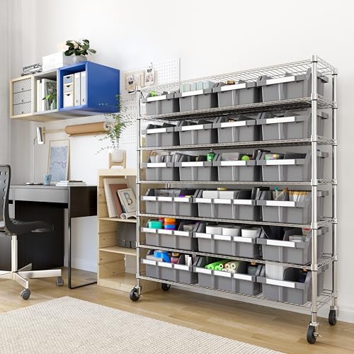 7-Tier NSF 21-Bin Steel Wire Shelving Rack, 48"W x 14"D x 56"H, Gray | 21 slide-out bins with tilt-lock design keep supplies organized, accessible - color: Gray, size: Includes 21 Bins