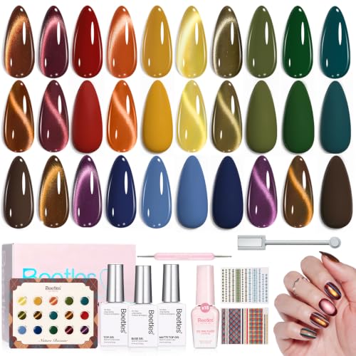 Beetles Fall Gel Nail Polish Kit With Cat Eye Colors, Base & Top Coat - color: A-Mixed Finishes | Nature Bazaar