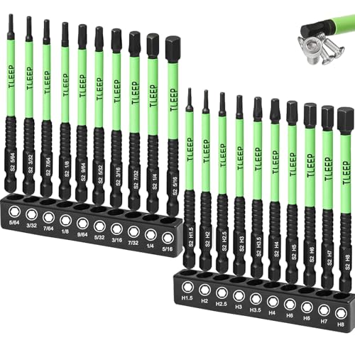 20 x Metric & SAE Allen Wrench Drill Bit Set 1/4" Hex Shank 4" Long Impact Wrench Hex Key Set, Magnetic Tips Allen Wrenches Sets S2 Steel, Latest Version Black Allen Key Set - size: C.5/64" to 5/16", 1.5mm to 8mm