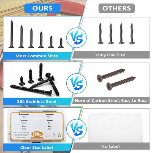 200PCS #8 Black Wood Screws Assortment Kit, 304 Stainless Steel Screws, Drive Sheet Metal Self Tapping Screws with Screwdriver Bit, 6 Sizes (2”,1-1/2”,1-1/4”,1”,3/4”,1/2”) - style: Black #8 Flat Head Set 200PCS