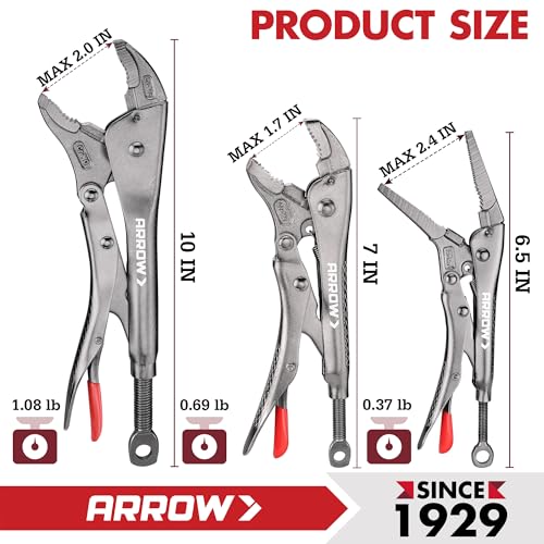 ARROW 3PCS Locking Pliers Set with Long Nose and Curved Jaw | 6.5" Long Nose, 7" & 10" Curved Jaw Locking Pliers, CR-MO Steel, One-Hand Release, Adjustable Screw, Anti-Slip Handle - size: 6.5&7&10inch
