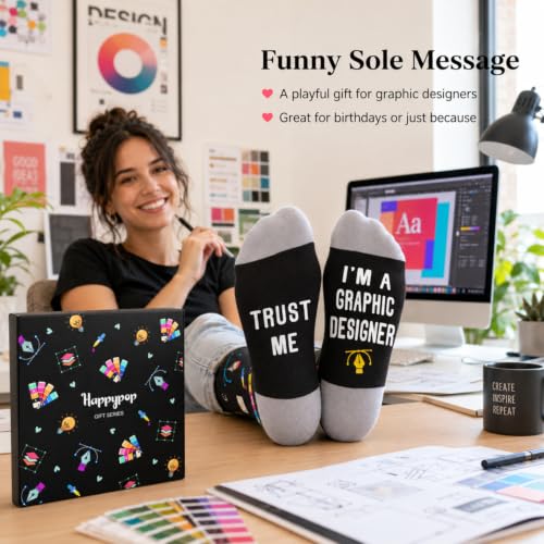 HAPPYPOP Funny Gifts for Women Men - Mechanic Graphic Designer Bus Driver Plumber Sock - color: Trust Me I'm a Graphic Designer Black