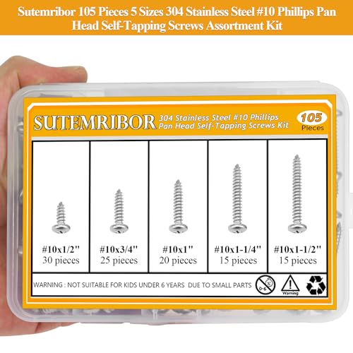 105 Pieces #10 x 1/2" 3/4" 1" 1-1/4" 1-1/2" Wood Screws Set, Phillips Pan Head #10 Self-Tapping Screws Assortment Kit, 304 Stainless Steel - size: #10, style: Phillips Pan Head
