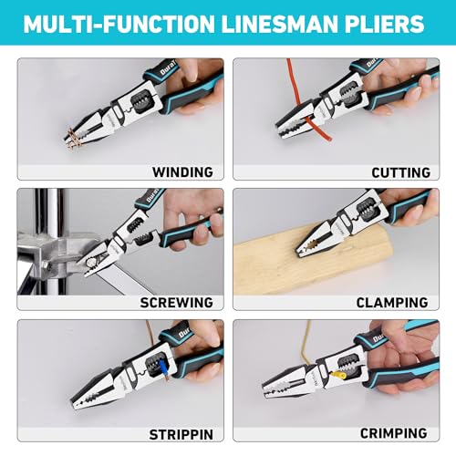 DURATECH 6-in-1 Linesman Pliers, 8.5" Multipurpose Combination Pliers with Wire Stripper/Crimper/Cutter Function, Heavy Duty Side-Cutting Pliers for Crimping, Stripping, Shearing, Screwing
