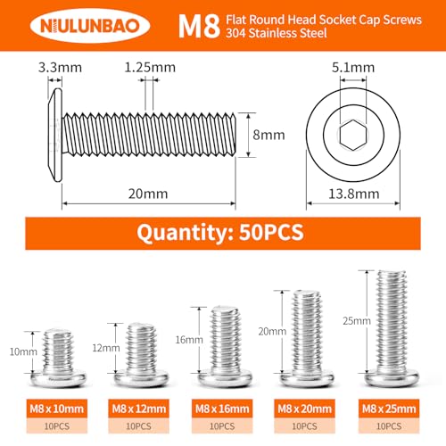M8 x 10mm 12mm 16mm 20mm 25mm Flat Round Head Hex Socket Cap Screws Bolts, Furniture Screws, 304 Stainless Steel, Allen Hex Drive, Metric Fully Threaded, Bright Finish, Assortment Kit 50PCS - size: M8 x 10/12/16/20/25mm (50PCS)